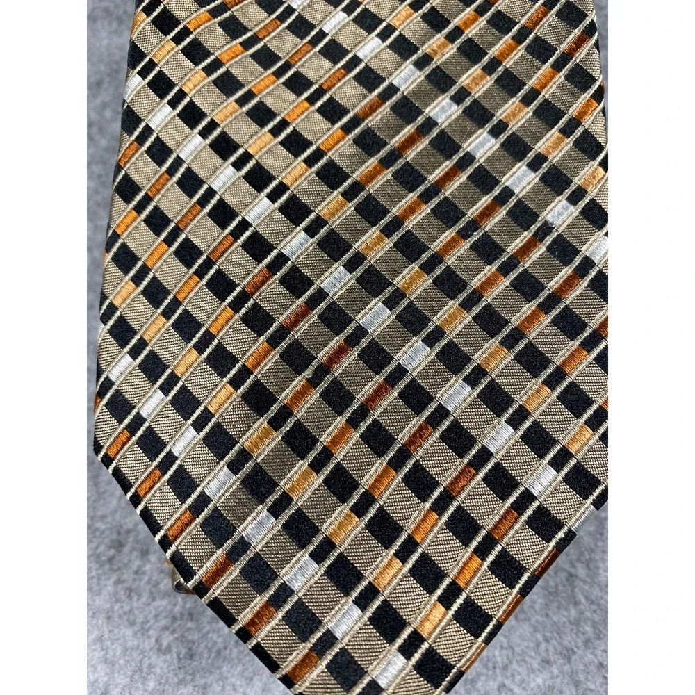 Pronto Uomo Mens SilkTie Black Gold Orange Geometric Grid Plaid HandMade Necktie